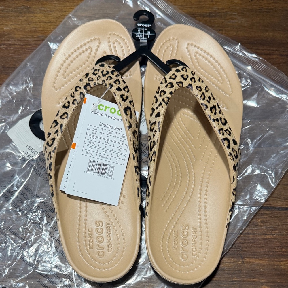 CROCS Kadee II Leopard Print Tan Flip Sandals